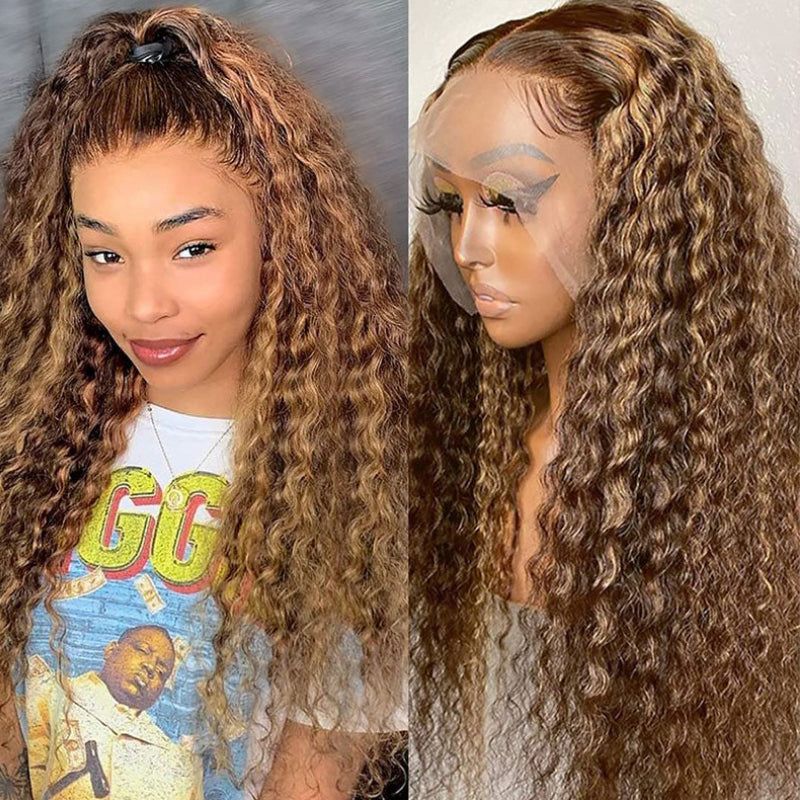 Highlight Deep Curly 13x4 Lace Frontal Virgin Human Hair Wigs 180% Density 4/27